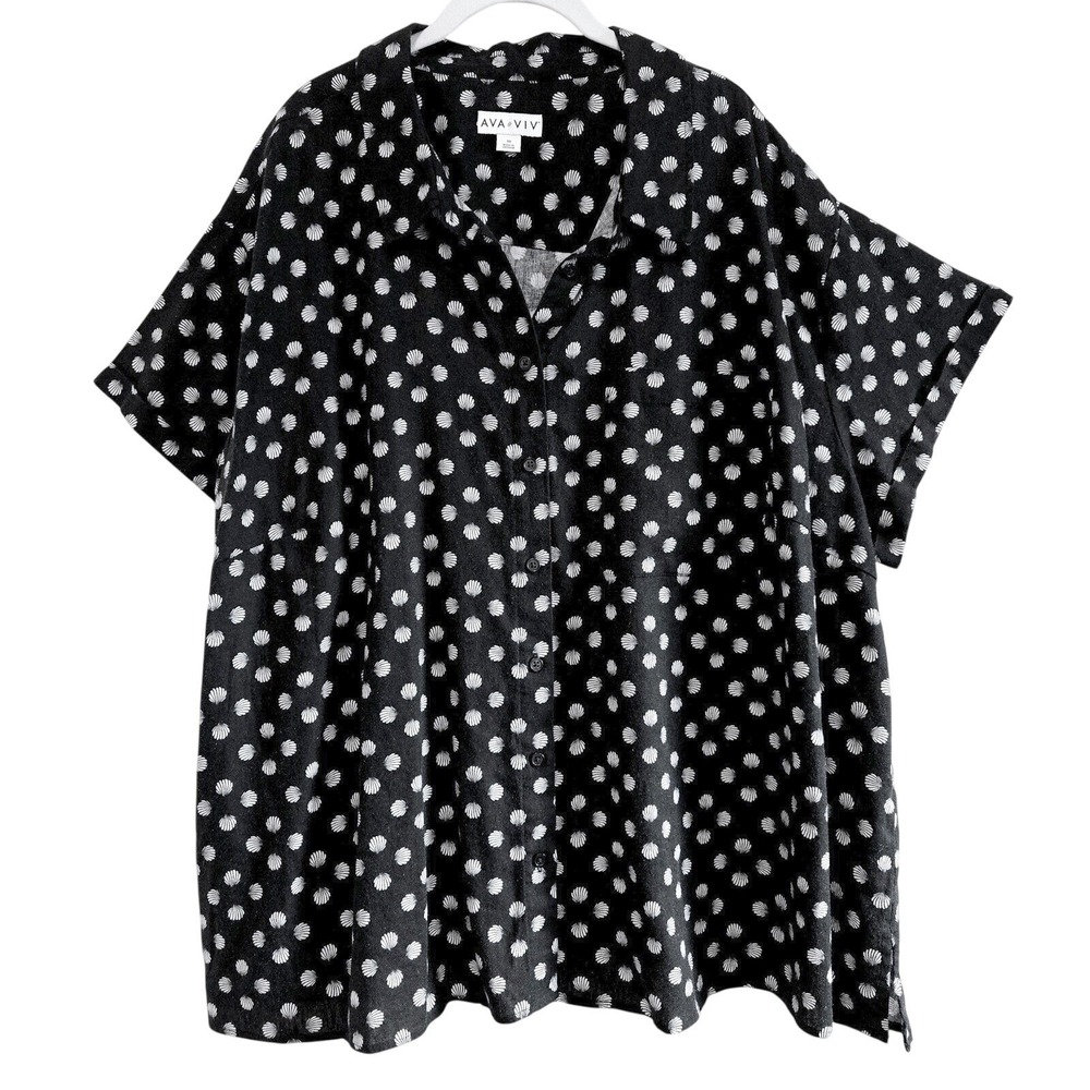 Ava & Viv Black with White Shells, Linen Blend, Oversized Lagenlook Top, Size 3X